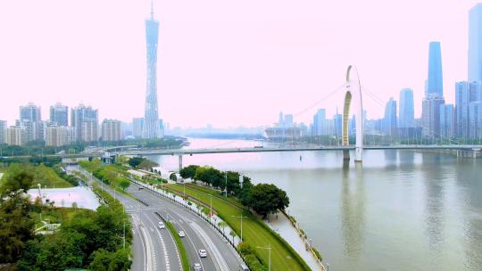 广州塔和猎德大桥4k航拍-商用授权