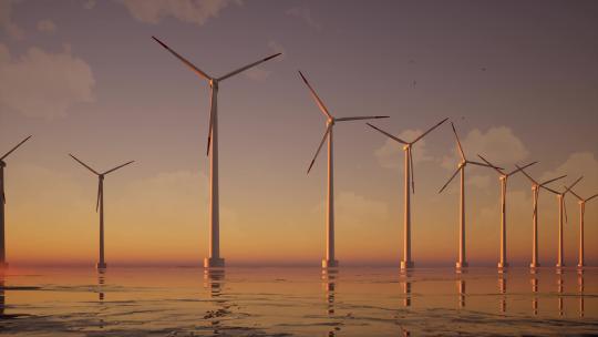 日落时海上风力涡轮机