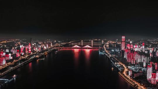武汉夜景长江二桥灯光秀航拍延时摄影