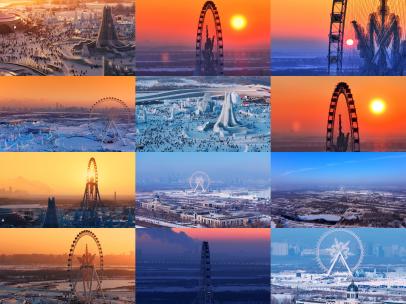 航拍哈尔滨冰雪大世界摩天轮视频合集高清在线视频素材下载