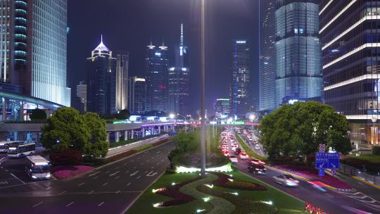 上海陆家嘴城市街道路汽车流交通延时摄影