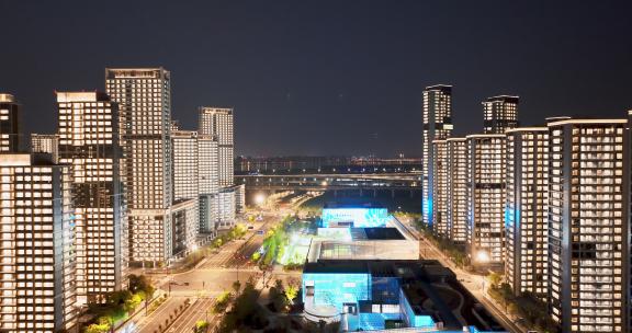 杭州亚运会亚运村城市建筑晚上亮灯夜景航拍