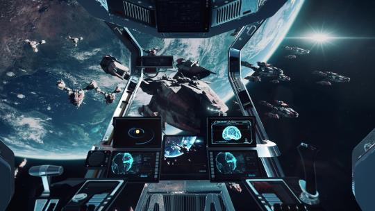 地球上空的未来科幻宇宙飞船驾驶舱的视图4K