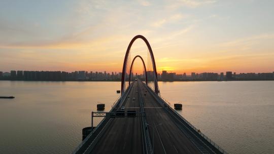 杭州钱塘江清晨日出之江大桥两岸转塘风光视频素材模板下载