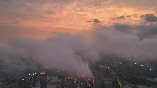 4K深圳福田区CBD日落晚霞夜景航拍