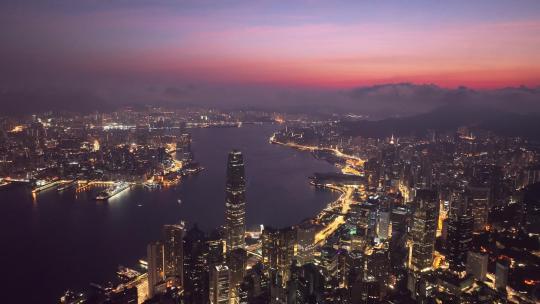 航拍香港维多利亚港黎明景观