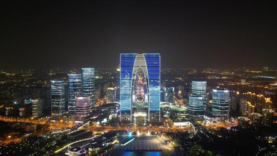 航拍江苏苏州金鸡湖东方之门夜景