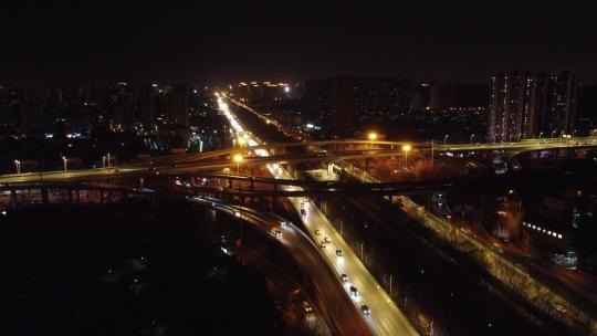 夜晚的石家庄城市立交桥夜景航拍