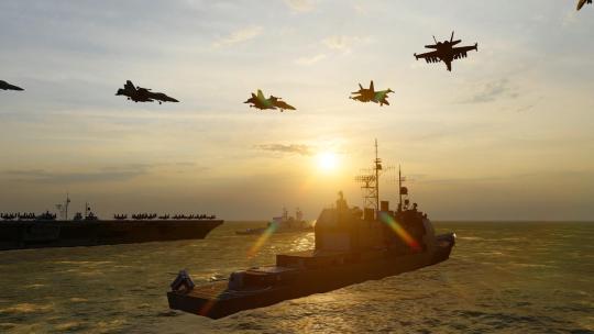 在海上前行的航空母舰战斗群高清在线视频素材下载