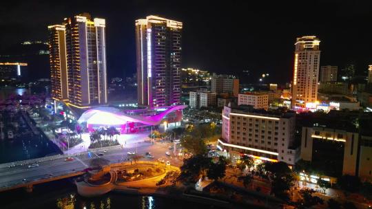 航拍海南三亚游艇旅游中心与帆船港帆船夜景