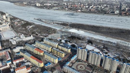 黑河市黑龙江中俄边境城市航拍景观