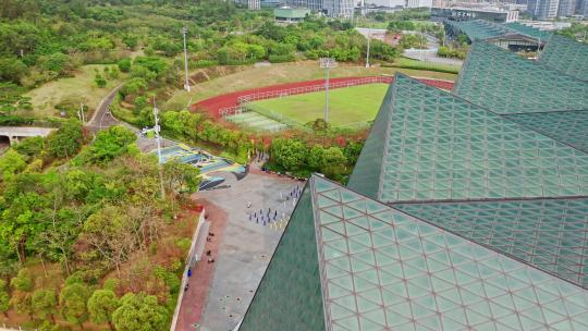 深圳龙岗大运中心体育场航拍俯视全民健身