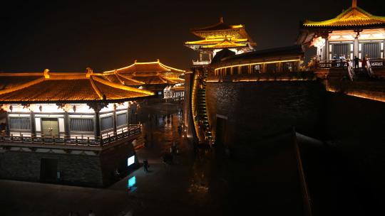 湖北襄阳旅游唐城影视城古建筑群夜景视频素材模板下载
