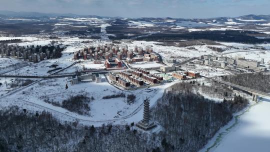 白山市抚松县城市建筑航拍冬季雪原风光