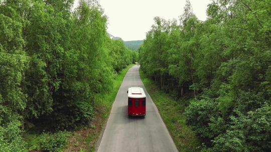 电车之旅在阿拉斯加白天经过翠绿的森林的空旷道路上行驶。-空中，后方
