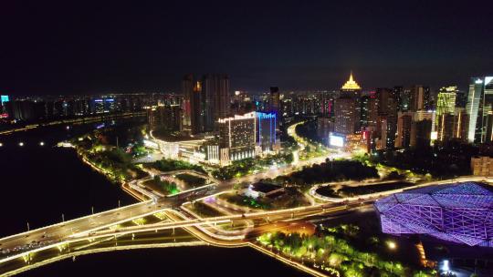 中国辽宁沈阳浑河两岸城市夜景航拍