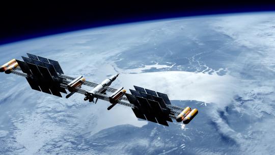 部署太阳能电池板阵列的航天器绕地球运行4K