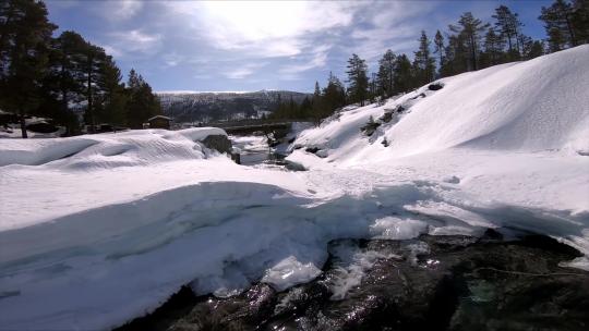 FPV无人机航拍冬日冰川河流白雪树林风景