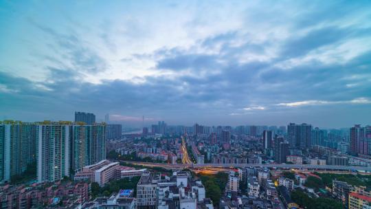 广州城市高楼建筑公路车流日出朝阳云海延时视频素材模板下载