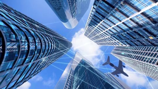 摩天大楼震撼飞机飞越CBD科技金融商业