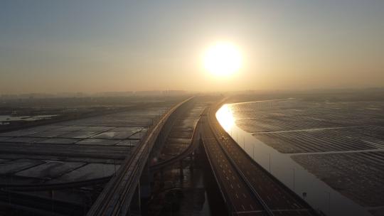 石狮市锦江外线航拍泉州湾大桥夕阳-推镜头