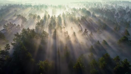 日出时飞越雾蒙蒙的松林！