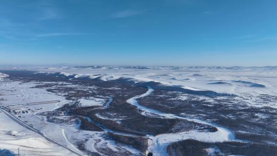 航拍冬季雪原河湾雪景视频素材模板下载