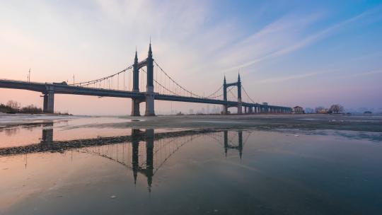 哈尔滨阳明滩大桥冬季日落延时摄影