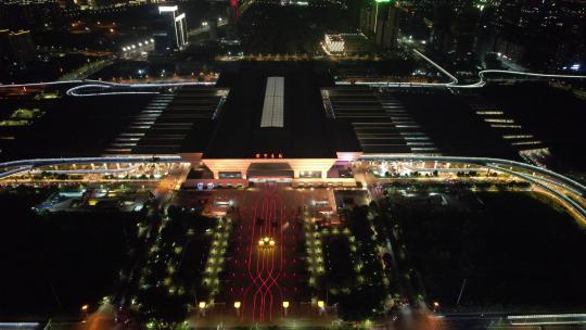 河南郑州东站火车站夜景航拍视频素材模板下载