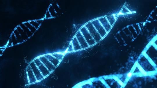 深蓝色背景上的 DNA 传输发光旋转 3D 动画