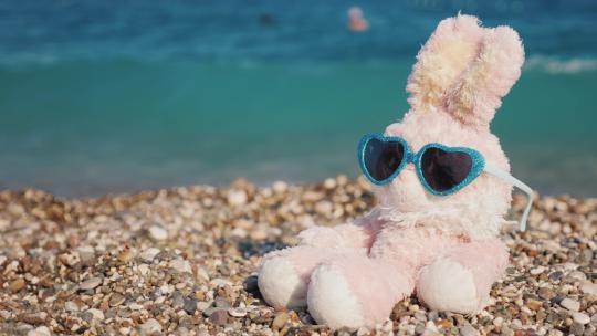 海滩上毛绒绒的布娃娃视频素材模板下载