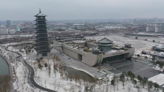 航拍中国扬州大运河博物馆雪景