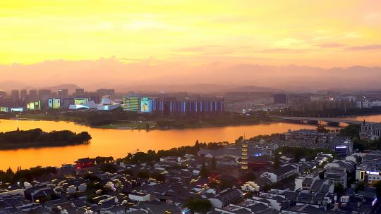 衢州城市夜景航拍水亭门夜景晚霞西区夜景高清在线视频素材下载