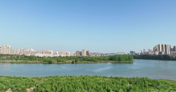 城市江滨河流风景自然景观城市风光航拍