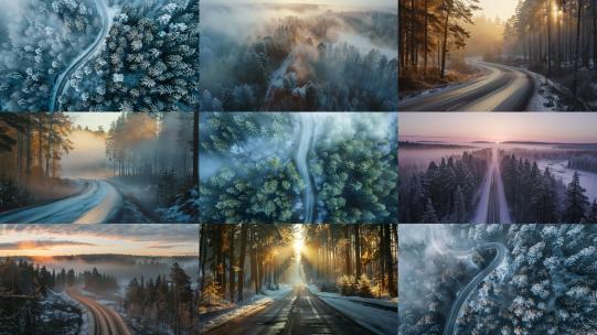 冬天森林航拍 雾气森林 公路汽车广告片头高清在线视频素材下载