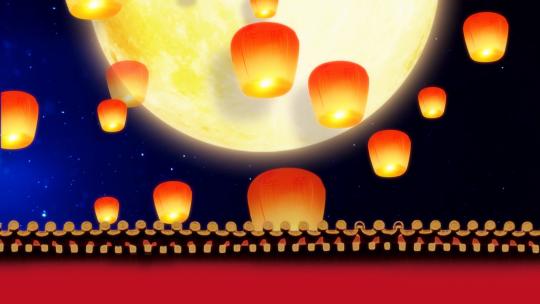 中国风月亮孔明灯许愿灯中秋舞台背景视频