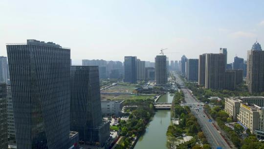 4k 航拍宁波南部商务区现代办公楼环境