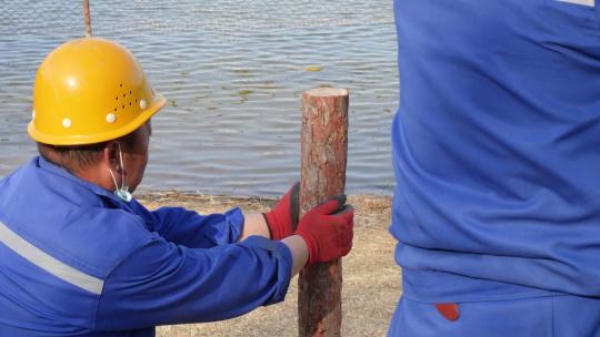 使用锤子砸木桩安装木桩工人配合作业