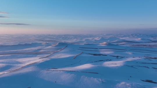 航拍4K内蒙古雪域雪原日落