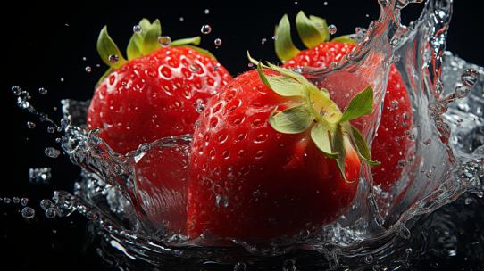 草莓水果食物特写浆果蔬菜水果黑底草莓广告