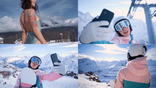 【合集】女人在雪山跟滑雪板合影视频素材模板下载