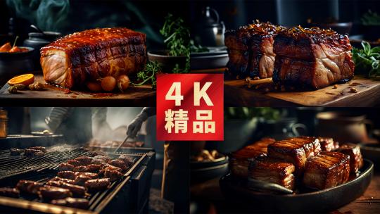 红烧肉、东坡肉、烤肉、烧烤高清在线视频素材下载