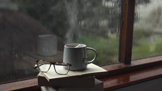 雨天桌上放着一杯咖啡和眼镜
