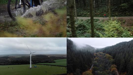 山地自行车骑行云雾森林牛群吃草风力发电高清在线视频素材下载