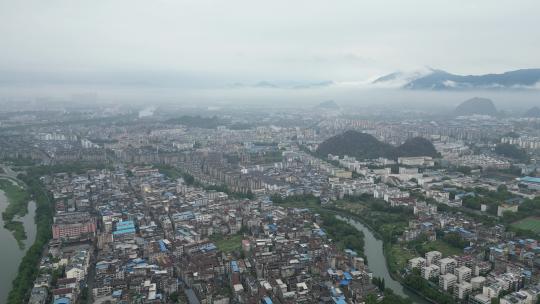 广西桂林城市风光航拍清晨迷雾