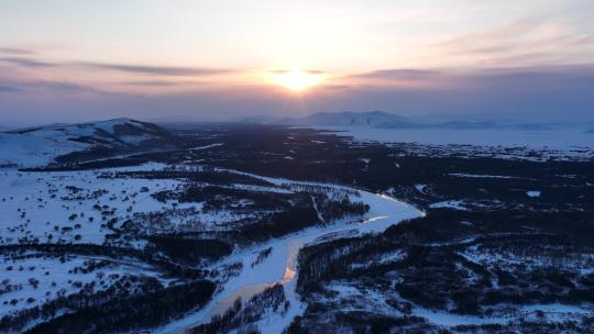 航拍内蒙古根河湿地雪景视频素材模板下载
