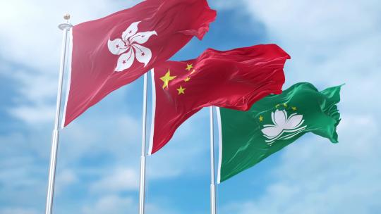 蓝天下香港特别行政区区旗迎风飘扬视频素材模板下载