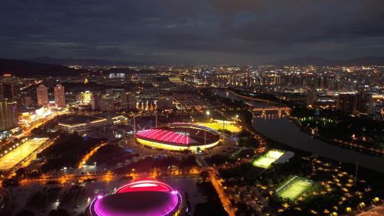 义乌梅湖体育场夜景鸟瞰航拍