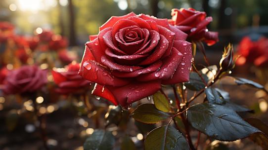 4K红玫瑰鲜花唯美浪漫雨后玫瑰提取物墨红
