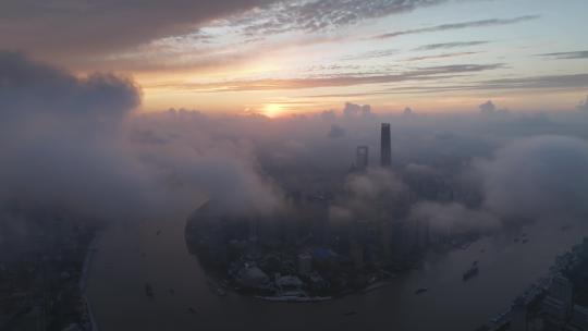 上海陆家嘴平流雾日出航拍